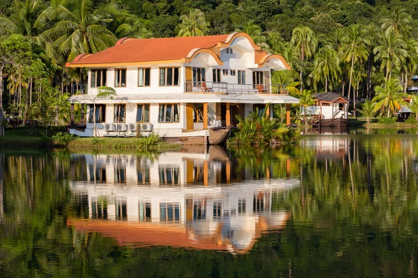 Tropikal ev, Hindistan cevizi palmiye ağaçları ve göl su