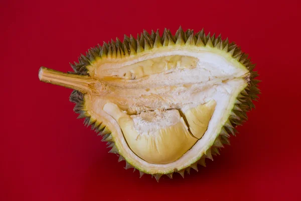 Król owoców, durian na czerwonym tle. Z bliska — Zdjęcie stockowe