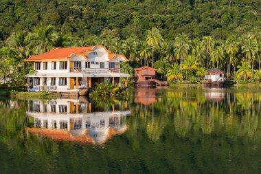 Tropikal ev, Hindistan cevizi palmiye ağaçları ve göl su