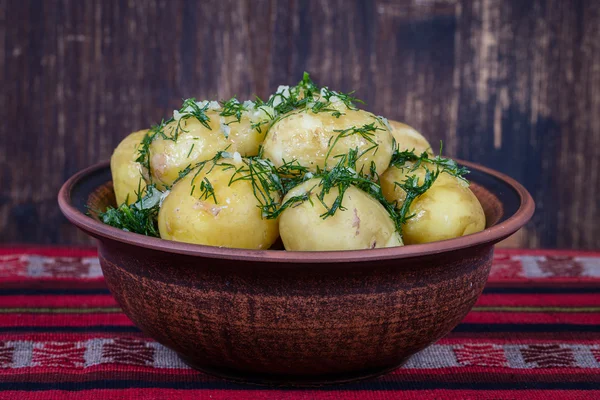 Patate bollite con aneto e aglio nel burro su un piatto — Foto Stock