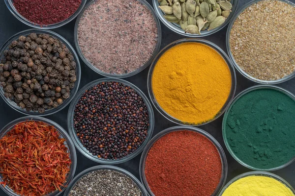 Different Spices Herbs Background Close Top View Assortment Colorful Spices — Stock Photo, Image