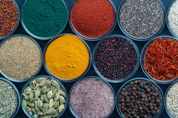 Different Spices Herbs Background Close Top View Assortment Colorful Spices — Stock Photo, Image