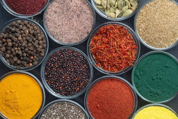 Different Spices Herbs Background Close Top View Assortment Colorful Spices — Stock Photo, Image