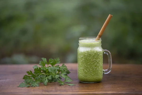 Green Smoothie Parsley Avocado Honey Banana Glass Mug Wooden Table — Stock Photo, Image