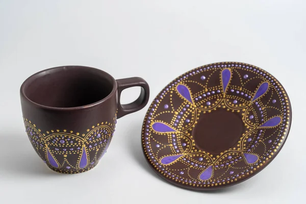 Decorative Ceramic Painted Cup Saucer White Background Close Decorative Porcelain — Stock Photo, Image