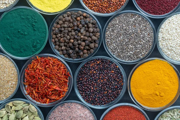 Different Spices Herbs Background Close Top View Assortment Colorful Spices — Stock Photo, Image