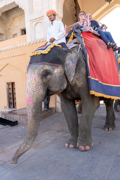 JAIPUR, INDIA - 26 Kasım 2018: Madalyalı filler eski Hindistan 'ın Rajasthan kentindeki Jaipur kentindeki Amber Kalesi' nde turistlere biniyorlar