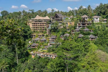 BALI, INDONEZYA - Mart 02, 2019: Orman, tropikal yağmur ormanı ve dağlar, Ubud, ada Bali, Endonezya panoramik manzaralı geleneksel Bali evleri