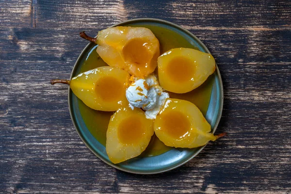 Gebackene Birnen Orangensaft Nahaufnahme Draufsicht Leckeres Dessert — Stockfoto