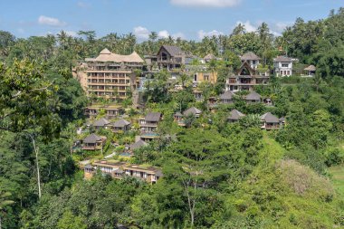 BALI, INDONEZYA - Mart 02, 2019: Orman, tropikal yağmur ormanı ve dağlar, Ubud, ada Bali, Endonezya panoramik manzaralı geleneksel Bali evleri