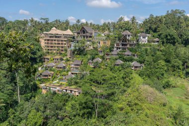 BALI, INDONEZYA - Mart 02, 2019: Orman, tropikal yağmur ormanı ve dağlar, Ubud, ada Bali, Endonezya panoramik manzaralı geleneksel Bali evleri
