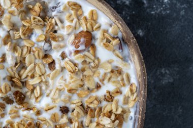 Yulaf ezmeli granola, kurutulmuş meyve, bal, kuru üzüm, kızılcık, hindistan cevizi kabında yoğurt ve kaju fıstığı, yakın plan, üst manzara. Sağlıklı kahvaltı kavramı