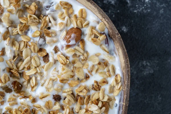 Yulaf ezmeli granola, kurutulmuş meyve, bal, kuru üzüm, kızılcık, hindistan cevizi kabında yoğurt ve kaju fıstığı, yakın plan, üst manzara. Sağlıklı kahvaltı kavramı