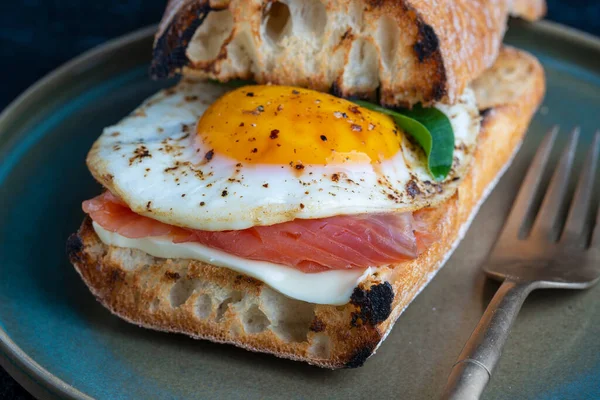 新鲜的鲑鱼 鸡蛋三明治 黄油和盘子里的白面包 — 图库照片