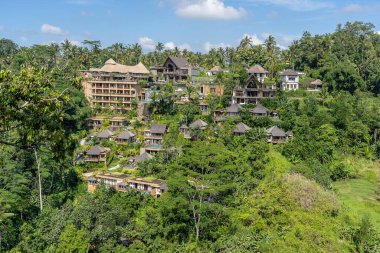 BALI, INDONEZYA - Mart 02, 2019: Orman, tropikal yağmur ormanı ve dağlar, Ubud, ada Bali, Endonezya panoramik manzaralı geleneksel Bali evleri