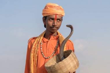 PUSHKAR, INDIA - NOVEMBER 14, 2018: Hindu sadhu kutsal adam ve yılan kobra çölde Thar zamanında Pushkar Camel Mela kutsal şehir Pushkar, Rajasthan, Hindistan, yakın portre