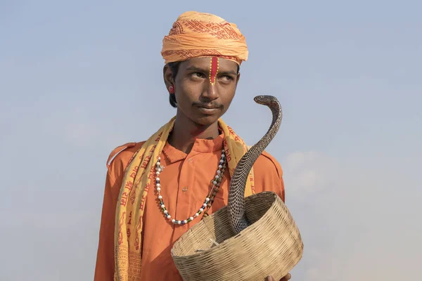 Pushkar Índia Novembro 2018 Hindu Sadhu Homem Santo Cobra Cobra — Fotografia de Stock