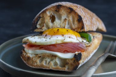 Taze somon, yumurtalı sandviç, yakın çekim. Tuzlu somon, kızarmış yumurta, tereyağı ve beyaz ekmek tabakta.