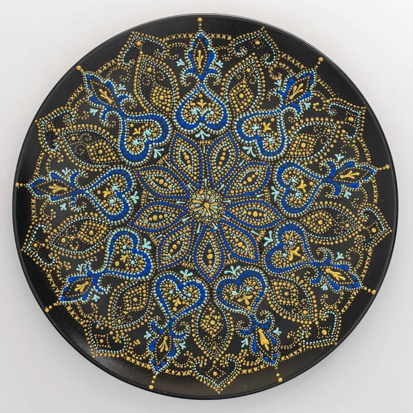 Decorative Ceramic Plate Black Blue Golden Colors Painted Plate Background — Stock Photo, Image