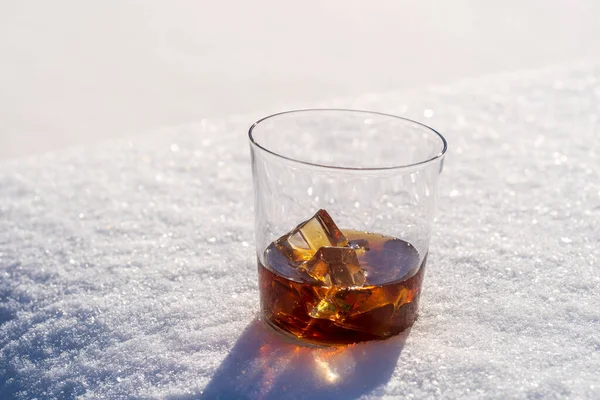 Glass Whiskey Ice Bed Snow White Background Close Concept Christmas — Stock Photo, Image