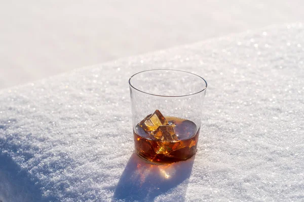 Glass Whiskey Ice Bed Snow White Background Close Concept Christmas — Stock Photo, Image