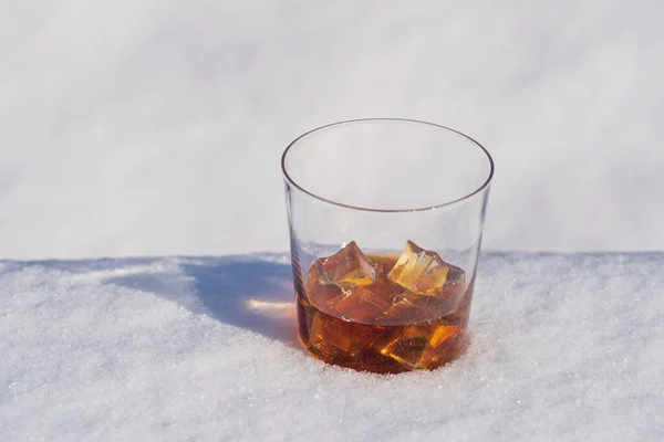 Glass Whiskey Ice Bed Snow White Background Close Concept Christmas — Stock Photo, Image