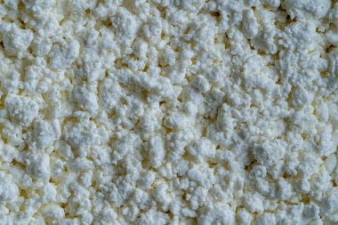 Süzme peynir arka plan, üst manzara. Süt ürünlerinin beyaz taneli dokusu, süzme peynir, yakın çekim. Süt ürünü konsepti