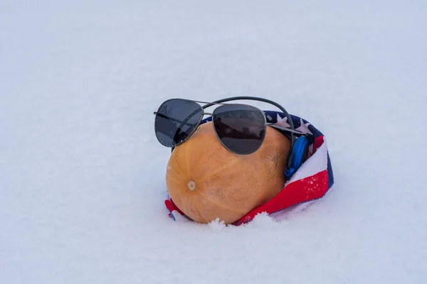 Lustiger Roher Kürbis Mit Brille Und Amerikanischem Bandana Auf Einem — Stockfoto