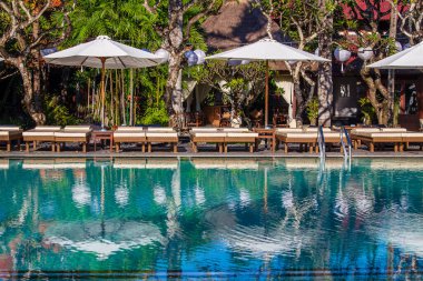 Bali, Endonezya 'daki tropikal bahçede dinlenme yatakları ve güneş şemsiyeli yüzme havuzu.