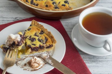 Dondurmalı taze vişneli turta ve ahşap zemin üzerinde çay olan beyaz bardak.