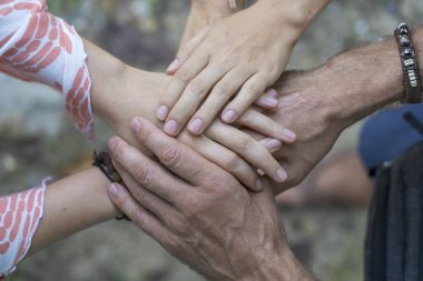 Birlik ve takım çalışması için kollar bir araya toplandı. Çemberin ortasında bir sürü el bir araya geliyor. Açık hava çekimini kapat. Birçok el doğaya bağlanıyor..