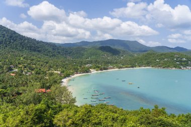 Cennet adası Koh Phangan, Tayland 'da tropikal kumsal ve hindistan cevizi palmiyeli mavi deniz suyu. Seyahat konsepti. Üst görünüm
