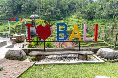 Bali, Endonezya. Arkaplanda pirinç tarlalarının yakınındaki Bali 'yi Seviyorum tabelası var. Endonezya, Bali Adası. Kapat.
