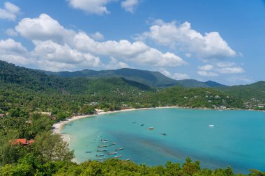 Cennet adası Koh Phangan, Tayland 'da tropikal kumsal ve hindistan cevizi palmiyeli mavi deniz suyu. Seyahat konsepti. Üst görünüm