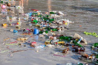 Koh Phangan, Tayland - 26 Aralık 2015: Koh Phangan, Tayland 'daki dolunay partisinden sonra Haad Rin plajındaki deniz suyu kirliliğinin sonuçları