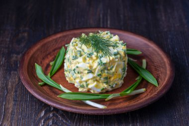 Sağlıklı yeşil pırasa salatası, haşlanmış yumurta ve tabakta ekşi krema, yakın çekim. Haşlanmış yumurtalı yabani sarımsaklı salata.
