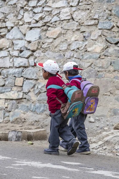 Lamayuru Gompa Ladakh Indie Czerwiec 2015 Młodzi Dwaj Chłopcy Wracają — Zdjęcie stockowe