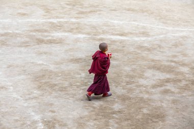 Lamayuru Gompa, Ladakh, Hindistan - 14 Haziran 2015: Lamayuru, Kuzey Hindistan 'daki bir manastırda bir bardak içkiyle genç Budist çocuk