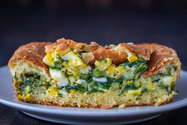 Pouring Pie Green Wild Garlic Leaves Boiled Eggs Wooden Table — Stock Photo, Image