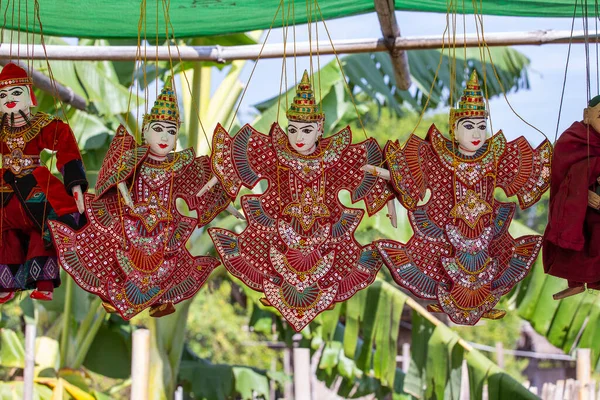 Colorful Puppets Tourist Stall Street Market Burma Souvenir Items Sale — Stock Photo, Image