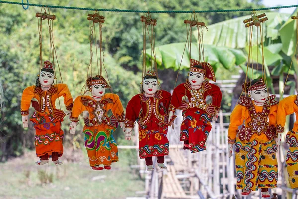 Colorful Puppets Tourist Stall Street Market Burma Souvenir Items Sale — Stock Photo, Image