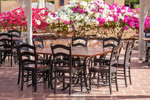 Tavolo Sedie Legno Nel Bar Sulla Spiaggia Vicino Mare Rosso — Foto Stock