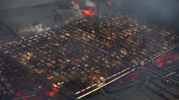 Chef Prepares Fragrant Chicken Legs Open Fire Vacationing Tourists According — Stock Video