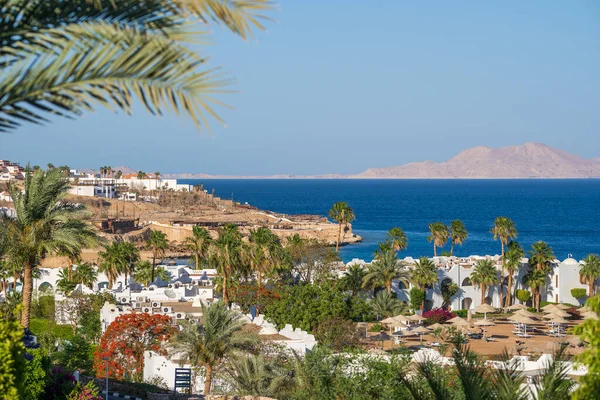 Sabah Sharm El Sheikh, Mısır, Sina Körfezi, Afrika 'daki tatil köyünün güzel manzarası.