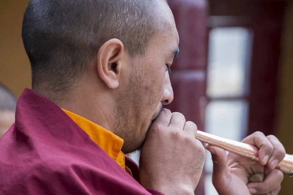 Lamayuru Gompa Ladakh Indie Června 2015 Mladý Buddhistický Hudebník Hrající — Stock fotografie