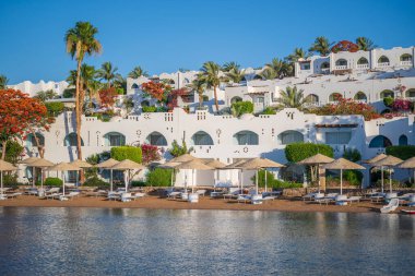 Binalar, güneş panelleri, şemsiyeler ve palmiye ağaçları, Mısır, Afrika 'daki Sharm El Sheikh tatil beldesinde sabahleyin sahildeki sakin Kızıl deniz suyuna yansıyor. Karantina sırasında boş plajlar