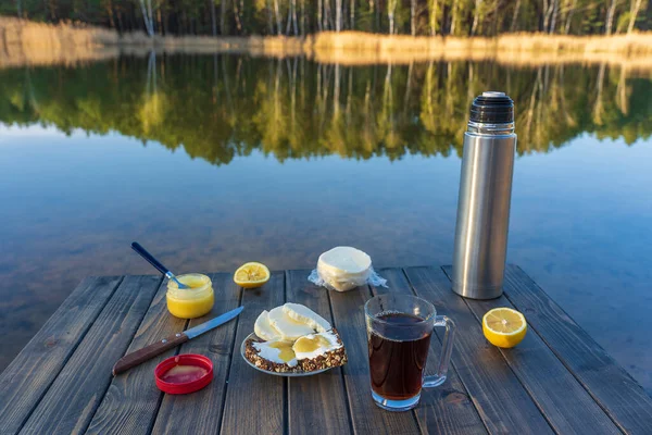 Breakfast Hot Tea Cheese Sandwich Honey Wooden Table Morning Next — Stock Photo, Image