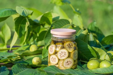 Dilimlenmemiş cevizleri bir kavanozda alkolle, ev yapımı tentür hazırlamak için, yakın çekim. Bahçedeki bir masada cam kavanozda yeşil ceviz tentürü.