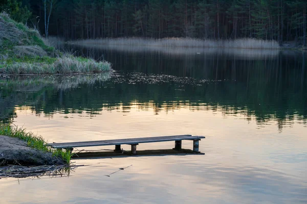 Trä Brygga Och Vårskog Lugn Sjö Ukraina Natur Och Resekoncept — Stockfoto