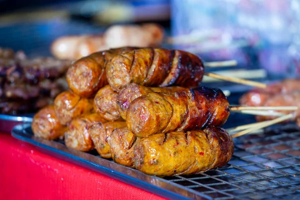 Salsiccia Tailandese Alla Griglia Mercato Street Food Thailandia Vicino Salsiccia — Foto Stock